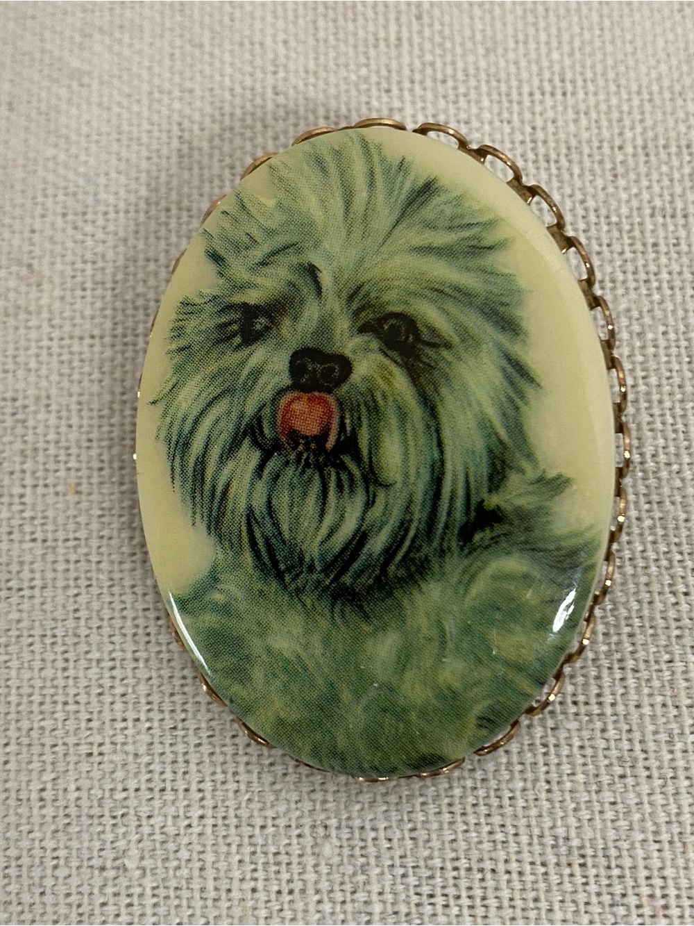 Vintage Porcelain Shih Tzu Dog Cameo Style Oval Portrait Brooch Gold Tone
